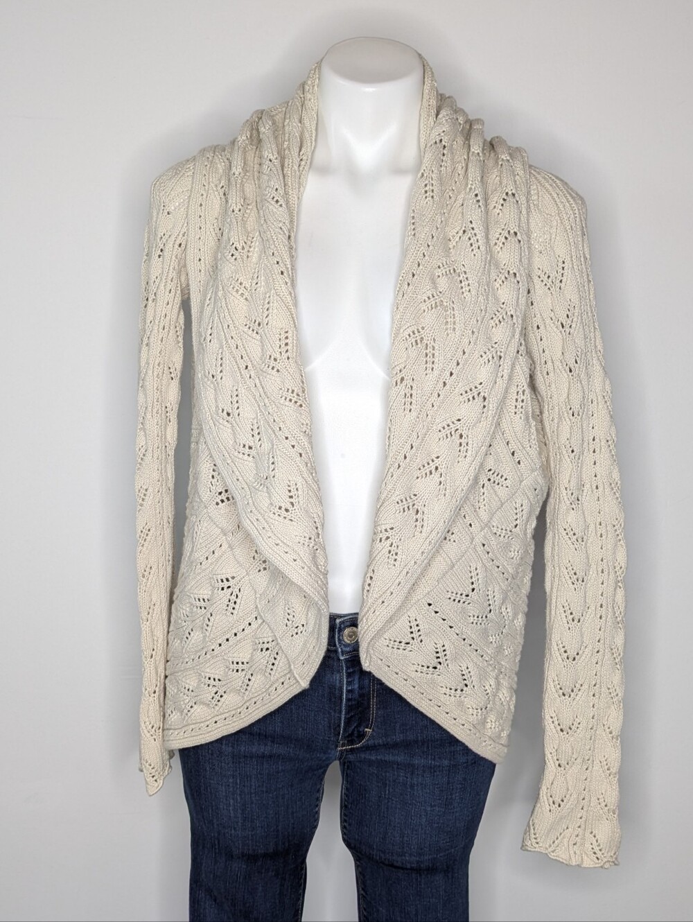 Cabi Cream Loose Knit Cotton Open Cardigan Sweater L